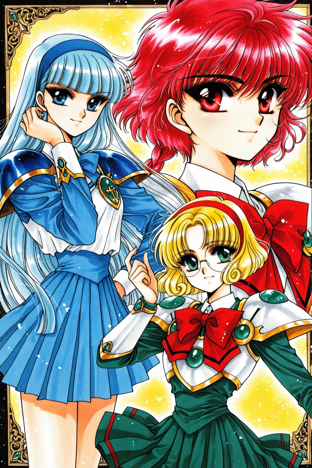 Shidou Hikaru,Ryuuzaki Umi,Hououji Fuu,3girls,multiple girls,blue hairband,hairband,armored dress,1990s \(style\),green eyes,armor,retro artstyle,short hair,skirt,blue eyes,glasses,blonde hair,school uniform,red hair,blue hair,round eyewear,long hair,red eyes,blue skirt,green skirt,smile,traditional media,
<lora:Magic knight Rayearth_illustriousXL:0.8>,