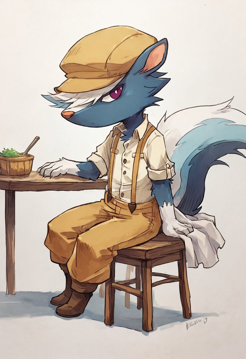 score_9, score_8, kicks, beige hat, red eyes, blue fur, furry male, furry, 1boy, solo, hat, suspenders, furry male, furry, 1boy, simple background, purple eyes, white background, male focus, tail, full body, no shirt, ncpy43 style, sitting, small town, looking away, table, sitting at chair