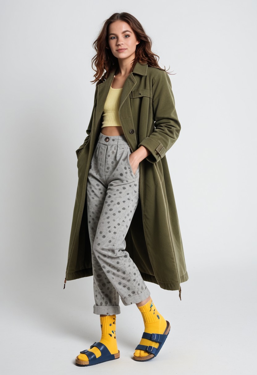 (realistic photograph of woman wearing socks sandals trousers coat), 1girl, solo, dynamic_pose, simple_background, white_background, scksnsndls, patterned blue and yellow socks, gray trousers, red and green coat, full_body, birksonsocks, birkenstock