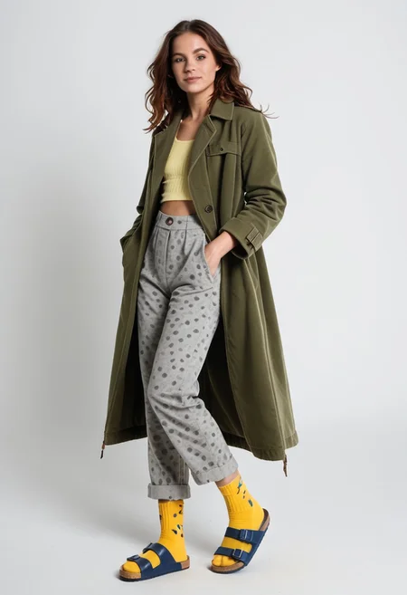(realistic photograph of woman wearing socks sandals trousers coat), 1girl, solo, dynamic_pose, simple_background, white_background, scksnsndls, patterned blue and yellow socks, gray trousers, red and green coat, full_body, birksonsocks, birkenstock
