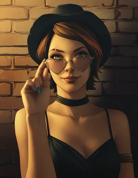 <lora:FLMGR-IL:1>, flmgr, film grain, cinematic, realistic, (masterpiece, best quality, ultra-detailed, absurdres, newest, detailed textures, correct anatomy:1), 1girl, <lora:Utility_-_Hands_v5.5:1>, detailed_hands, elegant_fingers, perfect female's hand, five fingers on each hand, <lora:Fiona:0.7>, fiona \(borderlands\), brown hair, green eyes,
single red hair streak, eyebrow scar, bowler hat, turquoise nails, heart-shaped eyewear, reflective eyewear, adjusting eyewear with one hand, upper body, looking at viewer, spaghetti strap, choker, against wall, brick wall, graffiti, smug, looking over eyewear, single armlet, fingerless glove