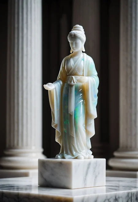 Fujifilm XT3, Sony A7 IV, (award winning photography) a (white: 0.89) marble simple stylized (figurine) made of opal (Kintsugi: 0.89) set on a pedestal in temple, glistening. in the background beautiful pillars, divine (iridescent: 0.79), opalescent textures, volumetric light, ethereal, sparkling, studio photo, highly detailed, sharp focus (highest quality: 1.39) (highest coherency: 1.39) (award winning photography), highly detailed photography, (muted colors, cinematic, dim colors, soothing tones:1.2), vibrant, insanely detailed, hyperdetailed, (dark shot:1.2), (vsco:0.3), (intricate details:0.9), (hdr, hyperdetailed:1.2) (vignette), sss, raw photo, fijifilm, kodak, cinematic film grain