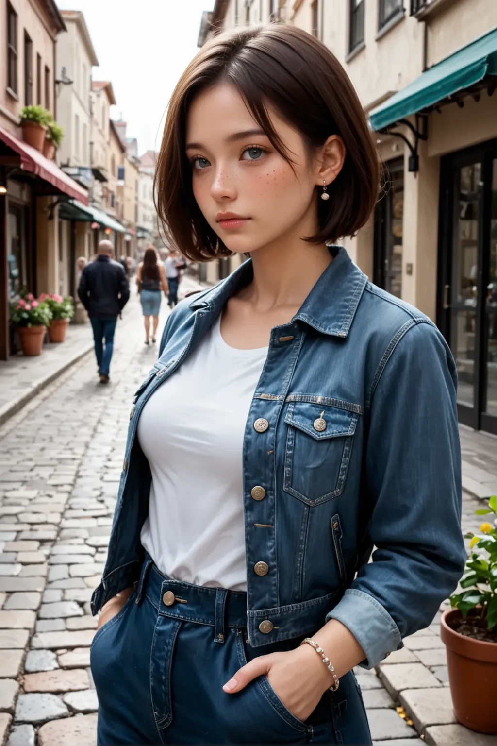 realistic, photorealistic, RAW photo, ultra detailed,best quality,ultra high resolution, cowboy shot,
cute, jewelry, denim jacket, earrings, hands in pockets, shirt, bracelet, looking at viewer, outdoors, potted plant, solo focus, town, brown hair, 1girl, jacket, short hair, plant, white shirt, blue jacket, lips, skirt, buttons, hand in pocket, day, denim, open clothes, closed mouth, street, alley, building, blue eyes, cobblestone, realistic, city, flower pot, open jacket, sunlight, nose, backlighting, long sleeves, vanishing point, unbuttoned, road, blurry, freckles, breasts, pavement, blurry background, people, cowboy shot, medium breasts, looking to the side, standing, shirt tucked in, mole, multiple others
<lora:japanese_girl_v1.1:0.7> jpn-girl <lora:Beautiful_Girls_V4:0.5> btiflgrlsnrv4