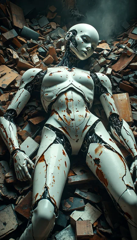 Abandoned AI-girlfriend,discarded cyborg girl,lying partially covered on a heap of trash,sad empty stare,highly detailed,strong contrast,intricate details,volumetric light,16k HDRI,lot of details,high quality,dramatic atmosphere,atmospheric perspective,subsurface scattering,transparency,analog style,film photography,sharp focus,soft focus,cinematic vibrant lighting,heavy shadow,perfect face,damaged,broken,rusty white carapace parts with dirty cracks,frayed wires,pieces,shattered,damaged,rusted,decayed,moldy,cracked,dented,short-circuit,sparks,broken down robot in an abandoned labratory,create a photo realistic image that the viewer has never envisioned before,the image should demonstrate extreme creativity,imaginative,bold,inspiring,original in subject,original in style,amazing composition,intricately detailed,absurdly complex,approaching perfection,dynamic,highly detailed,smooth,sharp focus,art by Carne Griffiths and Wadim Kashin,trending on artstation,sharp focus,intricate details,highly detailed,by greg rutkowski,