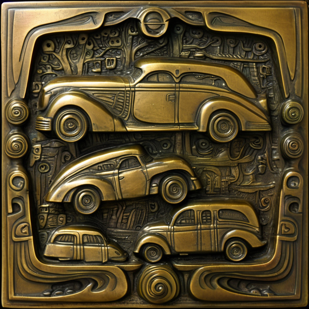 szukalski bronze car ornaments in dark city<lora:szukalski:0.8>