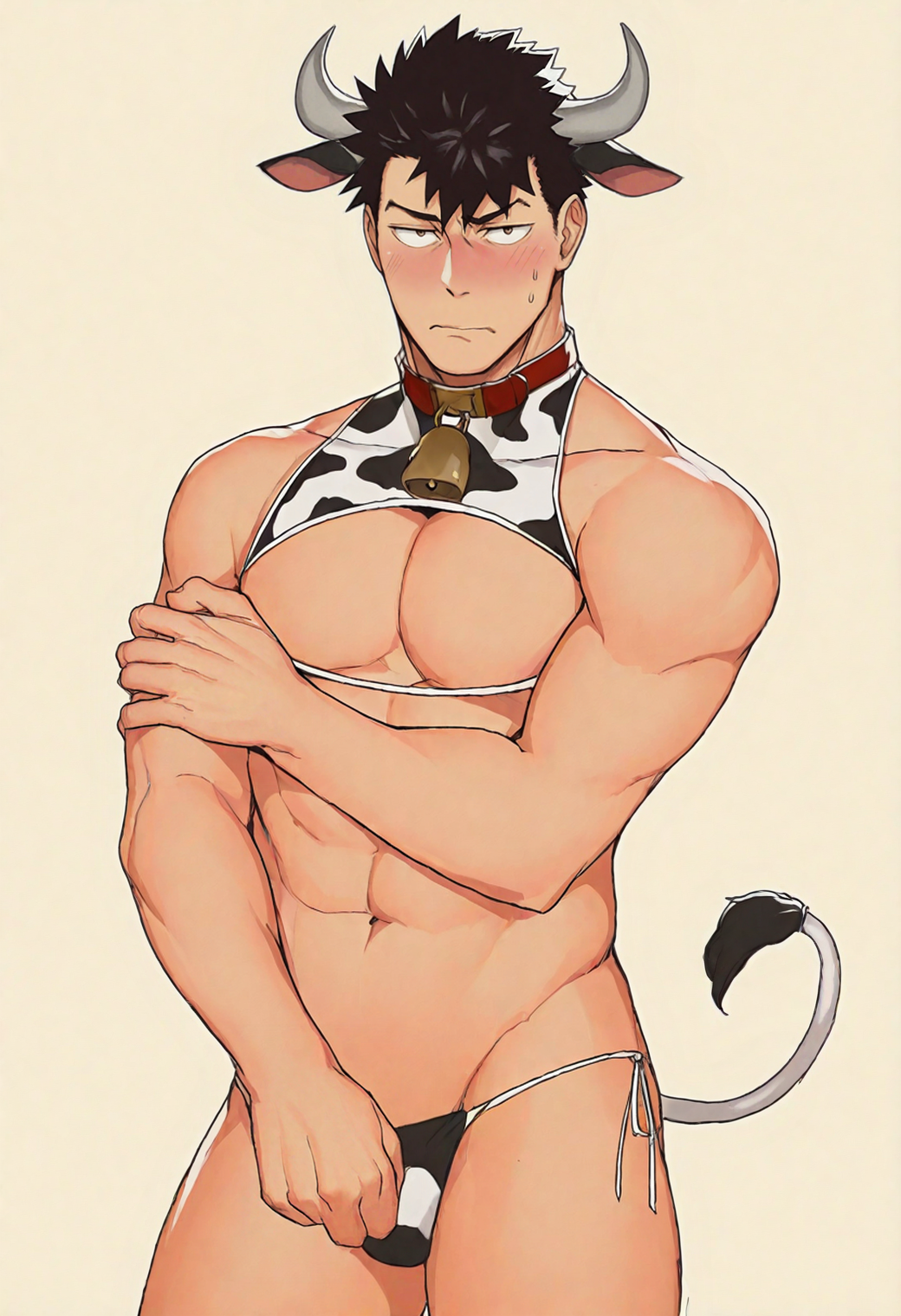 masterpiece,best quality,
1boy,bara,
<lora:loren_NAI_EPS_1_0_CAME_v1_rev2:1>,10r3n,black hair,short hair,spiked hair,brown eyes,sanpaku,
revealing clothes,cow print,cow horns,cow tail,embarrassed,sweatdrop,simple background,neck bell,bras d'honneur,looking at viewer,âââ