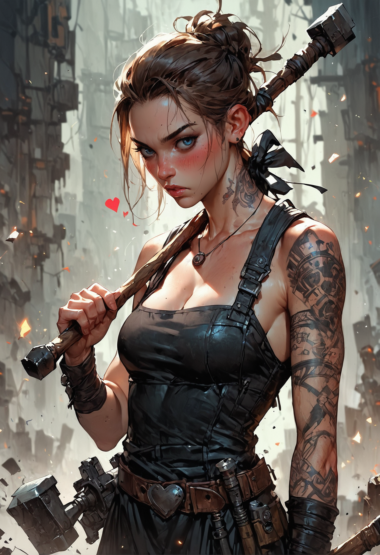 score_9, score_8_up, score_7_up, score_6_up, score_5_up, score_4_up,<lora:Fant5yP0ny:0.8>, 1girl, (solo:1.1), woman, blacksmith, black hearts, brown hair, long hair, tied hair, cleavage, blush, leather apron, focused, hammer and anvil, tool belt, forge background, tattoos,