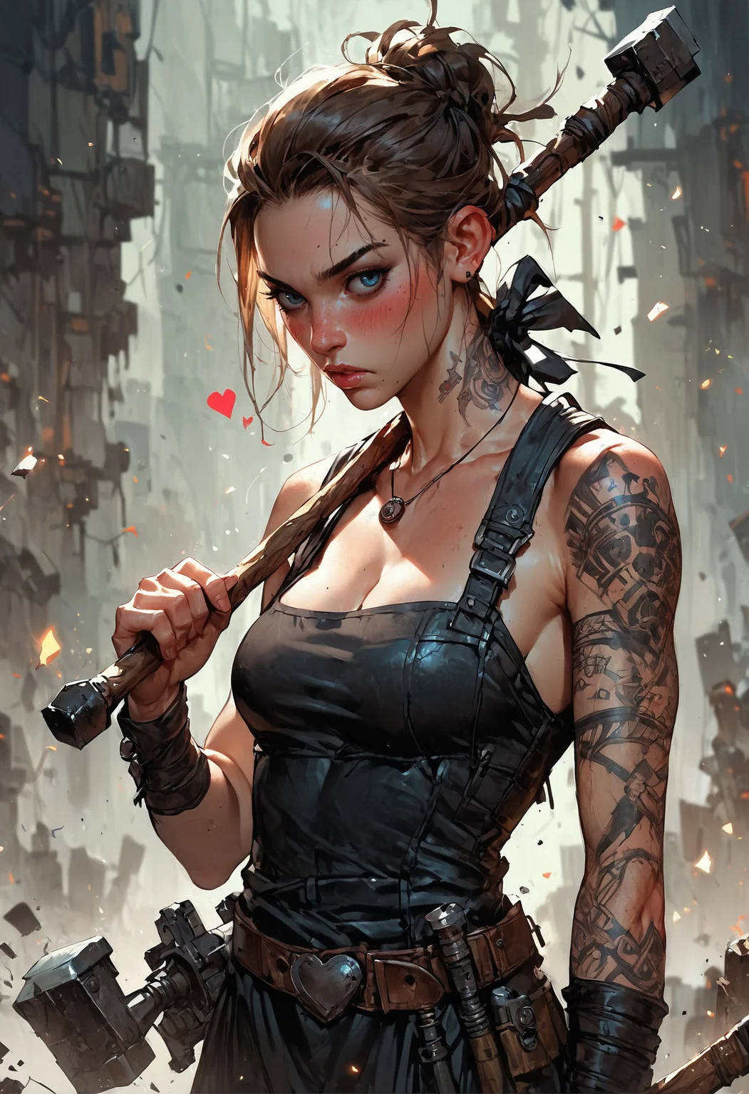 score_9, score_8_up, score_7_up, score_6_up, score_5_up, score_4_up,<lora:Fant5yP0ny:0.8>, 1girl, (solo:1.1), woman, blacksmith, black hearts, brown hair, long hair, tied hair, cleavage, blush, leather apron, focused, hammer and anvil, tool belt, forge background, tattoos,