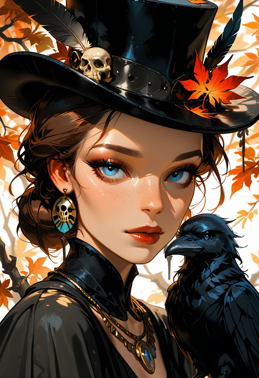 masterpiece, best quality, good quality, very awa, very aesthetic, absurdres, newest, 1girl, solo, looking_at_viewer, blue_eyes, brown_hair, hat, jewelry, earrings, necklace, hair_bun, eyelashes, lips, black_headwear, makeup, bird, leaf, feathers, portrait, freckles, top_hat, skull, nose, realistic, branch, red_lips, autumn_leaves, hat_feather, crow, black_feathers, ink drawing, opill, gr4ph1t3,