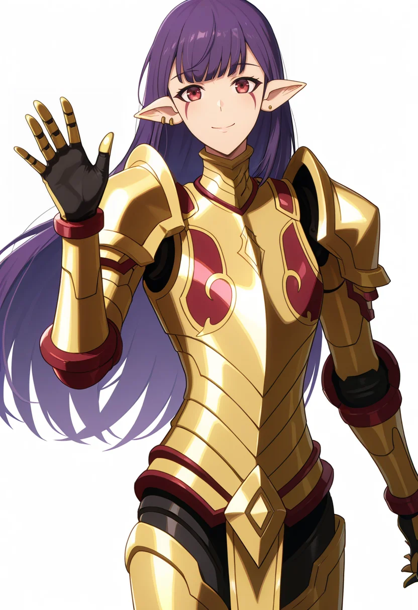 <lora:Esil Radiru_illustrious-000056:1>,
Esil Radiru,facial mark,red eyes,purple hair,earrings,long hair,
golden armor,gauntlets,power armor,shoulder armor,pauldrons,
cowboy_shot,waving,smile,simple_background,solo,white_background,looking at viewer