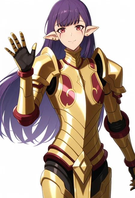 <lora:Esil Radiru_illustrious-000056:1>,
Esil Radiru,facial mark,red eyes,purple hair,earrings,long hair,
golden armor,gauntlets,power armor,shoulder armor,pauldrons,
cowboy_shot,waving,smile,simple_background,solo,white_background,looking at viewer