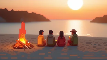 A group of people siting arround a camp fire in the beach sunrise, film, professional, 4k, highly detailed, <lora:pixel-art-xl:0.75>