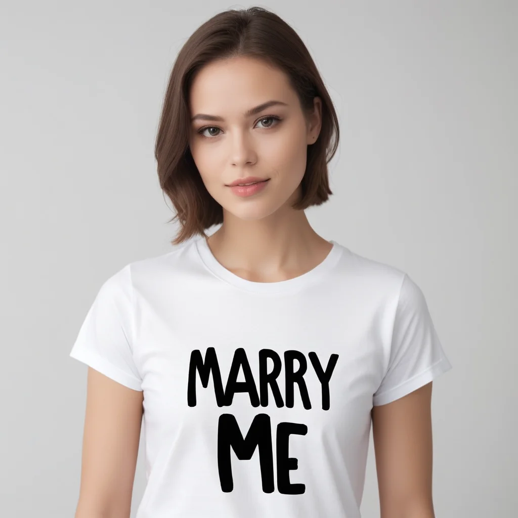 model in a t-shirt with text:"marry me" <lora:text:.9>