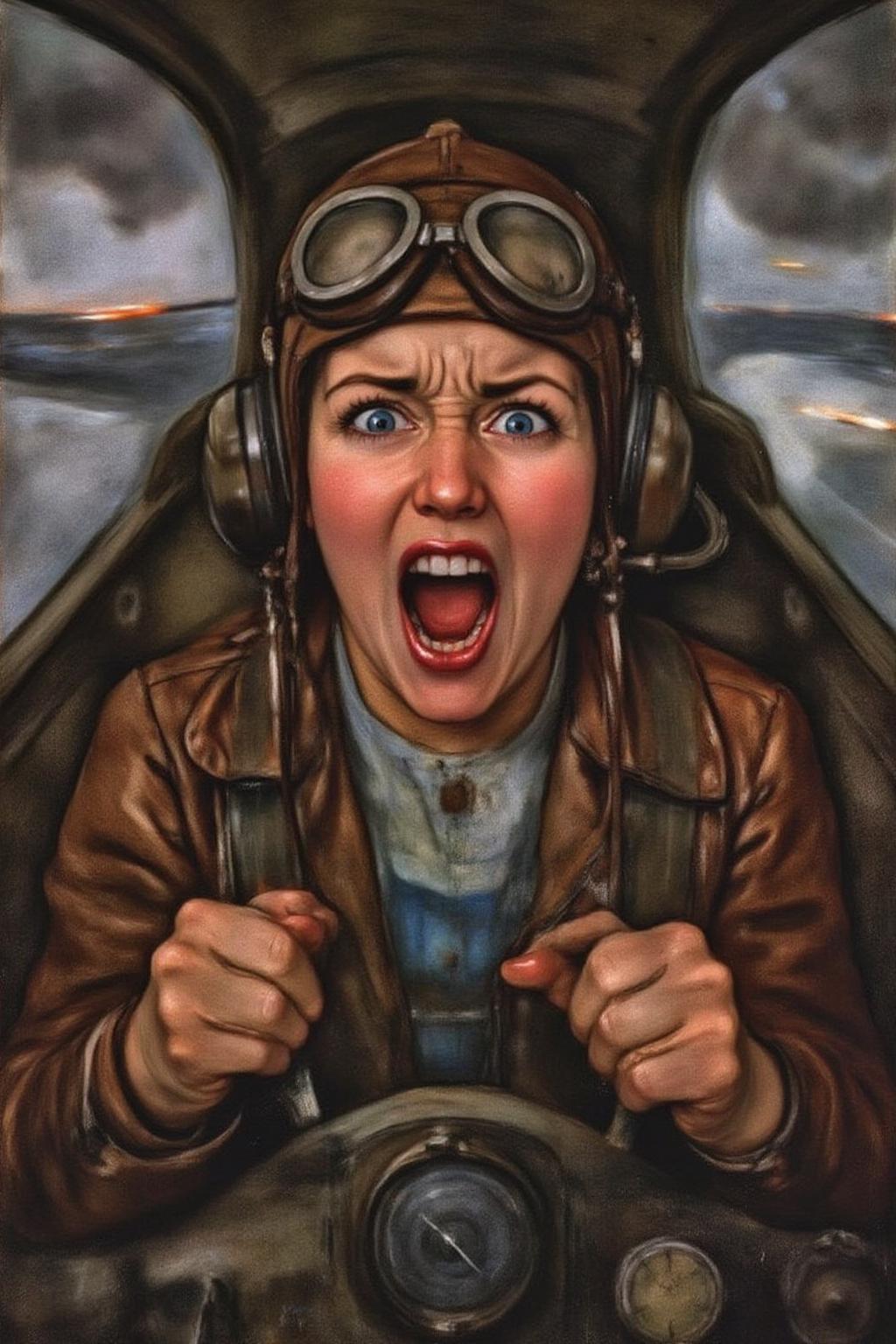 pietmondrian1 painting. 
A female pilot screaming inside the cockpit of a World War II bomber. The pilot, wearing a vintage leather flight helmet with goggles and a bomber jacket, grips the controls with white-knuckled hands. Her face is contorted in a mix of fear and determination as she yells, her eyes wide with adrenaline. The cockpit is cramped and filled with old-fashioned dials and gauges, with the outside view showing dark stormy clouds and distant anti-aircraft fire  <lora:pietmondrian1_cap_d8a4e11:1.0><lora:860675731586323335:0>