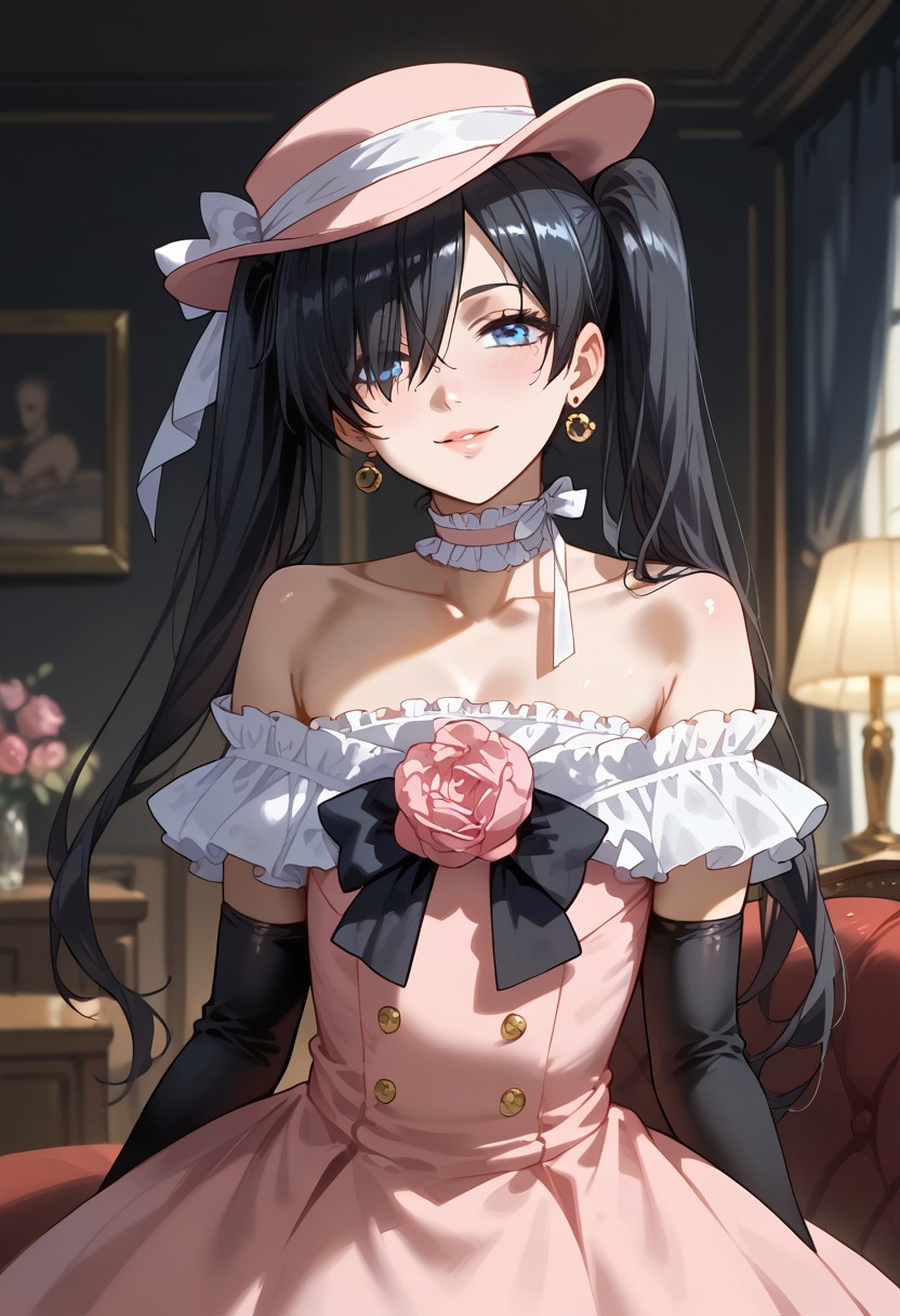 (score_9,score_8_up,score_7_up:1), nsfw, uncensored, dark, low-key, view from center, ambient lighting, rating_explicit, verybadimagenegative_v1.3, <lora:add-detail-xl:1>,  source_anime, 2D, Expressiveh!, (high detailed skin:1.1), (high quality:1.1),
((((Ciel_PhantomhiveBB,1girl,blue eyes,black hair,long hair,twintails,hair over one eye,flower,choker,hat,pink headwear,dress,frills,crossdressing,bare shoulders,rose,elbow gloves,earrings, flat chest,)))), (((pillow, standing before sofa, leaning forward, big ass, love)
((( seductive pose, erotic pose ))), shiny skin, oiled skin, wide hips, seductive smile, trembling, 
((( standard living room, shelves, dark room, low light, dark background, dark ambient, blurry background, ))), 
(((motherly, heartfelt smile, seductive face, sexual charisma, head tilt))), half closed eyes, (shiny skin),