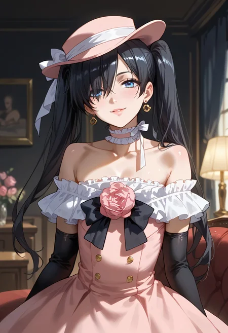 (score_9,score_8_up,score_7_up:1), nsfw, uncensored, dark, low-key, view from center, ambient lighting, rating_explicit, verybadimagenegative_v1.3, <lora:add-detail-xl:1>, source_anime, 2D, Expressiveh!, (high detailed skin:1.1), (high quality:1.1),
((((Ciel_PhantomhiveBB,1girl,blue eyes,black hair,long hair,twintails,hair over one eye,flower,choker,hat,pink headwear,dress,frills,crossdressing,bare shoulders,rose,elbow gloves,earrings, flat chest,)))), (((pillow, standing before sofa, leaning forward, big ass, love)
((( seductive pose, erotic pose ))), shiny skin, oiled skin, wide hips, seductive smile, trembling,
((( standard living room, shelves, dark room, low light, dark background, dark ambient, blurry background, ))),
(((motherly, heartfelt smile, seductive face, sexual charisma, head tilt))), half closed eyes, (shiny skin),