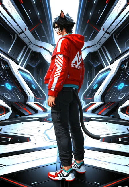 masterpiece, best quality, KrhisT1A, 1boy, hood, animal ears, solo, tail, cat ears, cat tail, shoes, science fiction, black hair, hoodie, from behind, sneakers, pants, hood down, short hair, cat boy, jacket, standing, red jacket, long sleeves, facepaint