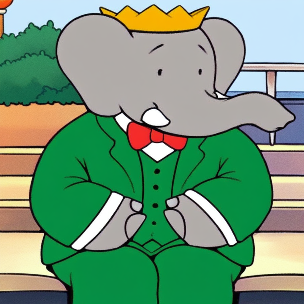 score_9, score_8_up, score_8, furry, Babar, elephant, tusks, trunk, grey body, black eyes, golden crown, cartoon style, 2d, overweight male, chubby, fat, solo, green suit, green pants, bow tie, sitting, legs crossed, hands on lap, looking at viewer, smile, outside, sitting on staircase