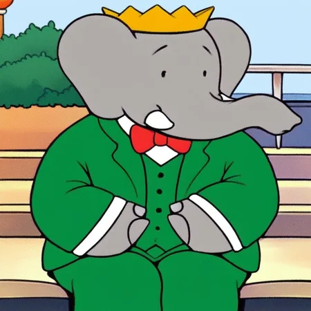 score_9, score_8_up, score_8, furry, Babar, elephant, tusks, trunk, grey body, black eyes, golden crown, cartoon style, 2d, overweight male, chubby, fat, solo, green suit, green pants, bow tie, sitting, legs crossed, hands on lap, looking at viewer, smile, outside, sitting on staircase