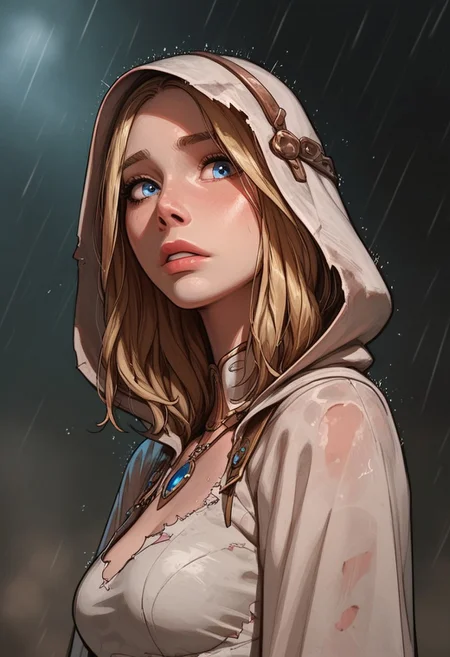(score_9, score_8_up, score_7_up). (line work, excellent drawing, highest quality, extremely detailed:1.2). solo, 1girl, 24 year old woman, Battle Cleric, saint, vestal, hood, armor, religious, medium breasts, glossy lips, long lashes, blue eyes, blonde hair, innocent, cute face, pale skin, soft skin, scared, holding a knife, slut face, nympho, horseriding skirt, fantasy, dnd, g0thicPXL, romantic, source_cartoon, depth of field, medium distance, cowboy_shot, semirealistic, dynamic angle, side view, in profile, dark background, raining, torn clothes, muddy clothes, pinup pose,