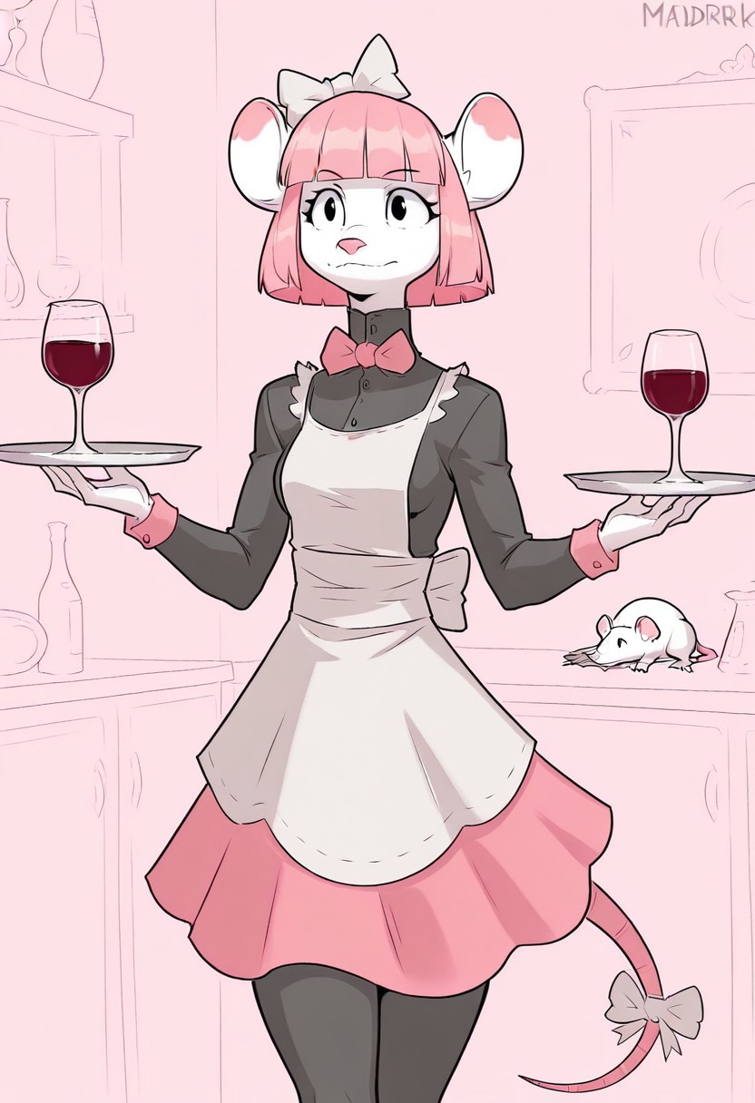 Best quality, solo, masterpiece, maidrat, pink hair, anthro, rat, apron, tail, hair bowtie, silver tray, wine, glass