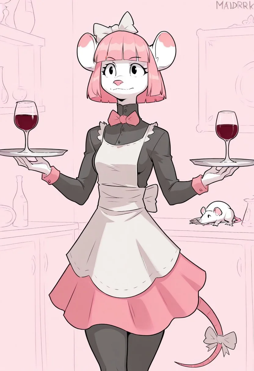 Best quality, solo, masterpiece, maidrat, pink hair, anthro, rat, apron, tail, hair bowtie, silver tray, wine, glass