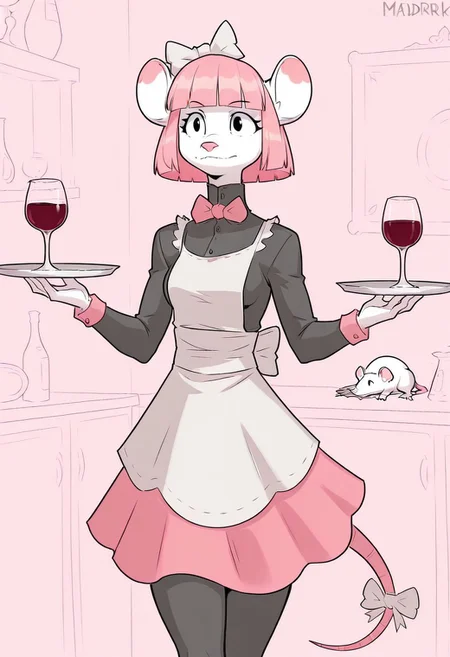 Best quality, solo, masterpiece, maidrat, pink hair, anthro, rat, apron, tail, hair bowtie, silver tray, wine, glass
