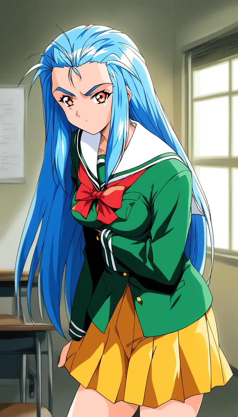 score_9, score_8_up, score_7_up, source_anime, rating_explicit, BREAK <lora:Minazuki_Kotoko_XL:1> Minazuki_Kotoko, blue hair, long hair, orange eyes, medium breasts,
1girl, solo, school uniform, scowl, looking at viewer, long sleeves, green shirt, serafuku, indoors, shirt, window, 1990s (style), Yellow skirt,
down arms,