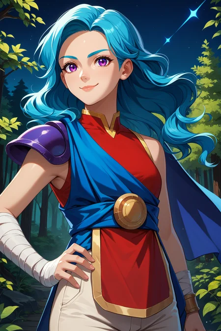 score_9, score_8_up, score_7_up, score_6_up, source_anime, 1girl, solo, <lora:valere-pdxl-nvwls-v1-000005:1> valere, aqua hair, wavy hair, long hair, purple eyes, blue cape, blue sash, single shoulder pad, red shirt, sleeveless, bandaged arm, white pants, night sky, looking at you, smile, forest, upper body, hand on hip