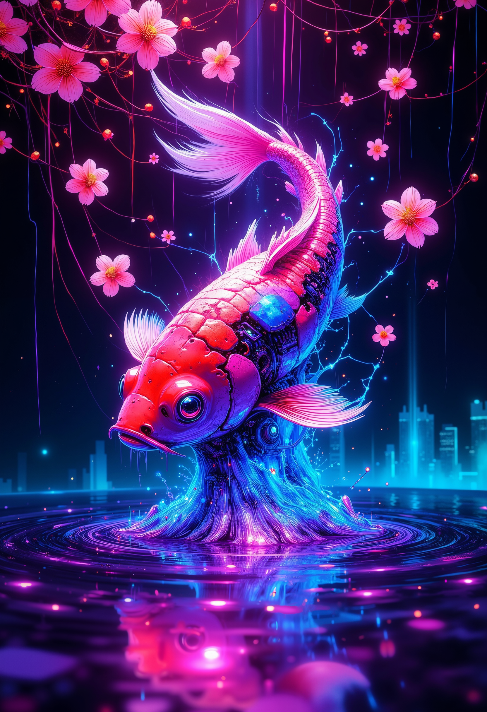 A fantastic art splash in the style bo-cyborgsplash,  A cyborg koi fish swimming in a levitating pool of liquid light, neon cherry blossoms floating on the surface, data streams forming ripples, surreal cyberpunk dreamscape, glowing reflections, vibrant color explosion.<lora:boFLUX Cyborgsplash.safetensors:1.0:1.0>