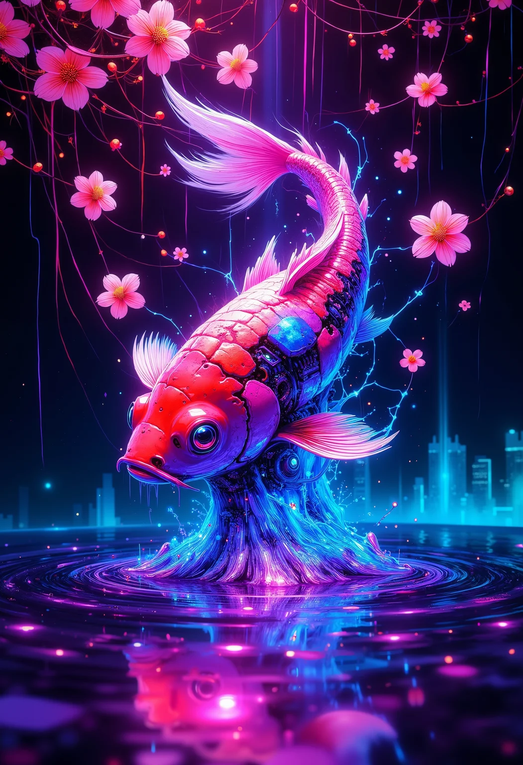 A fantastic art splash in the style bo-cyborgsplash, A cyborg koi fish swimming in a levitating pool of liquid light, neon cherry blossoms floating on the surface, data streams forming ripples, surreal cyberpunk dreamscape, glowing reflections, vibrant color explosion.<lora:boFLUX Cyborgsplash.safetensors:1.0:1.0>