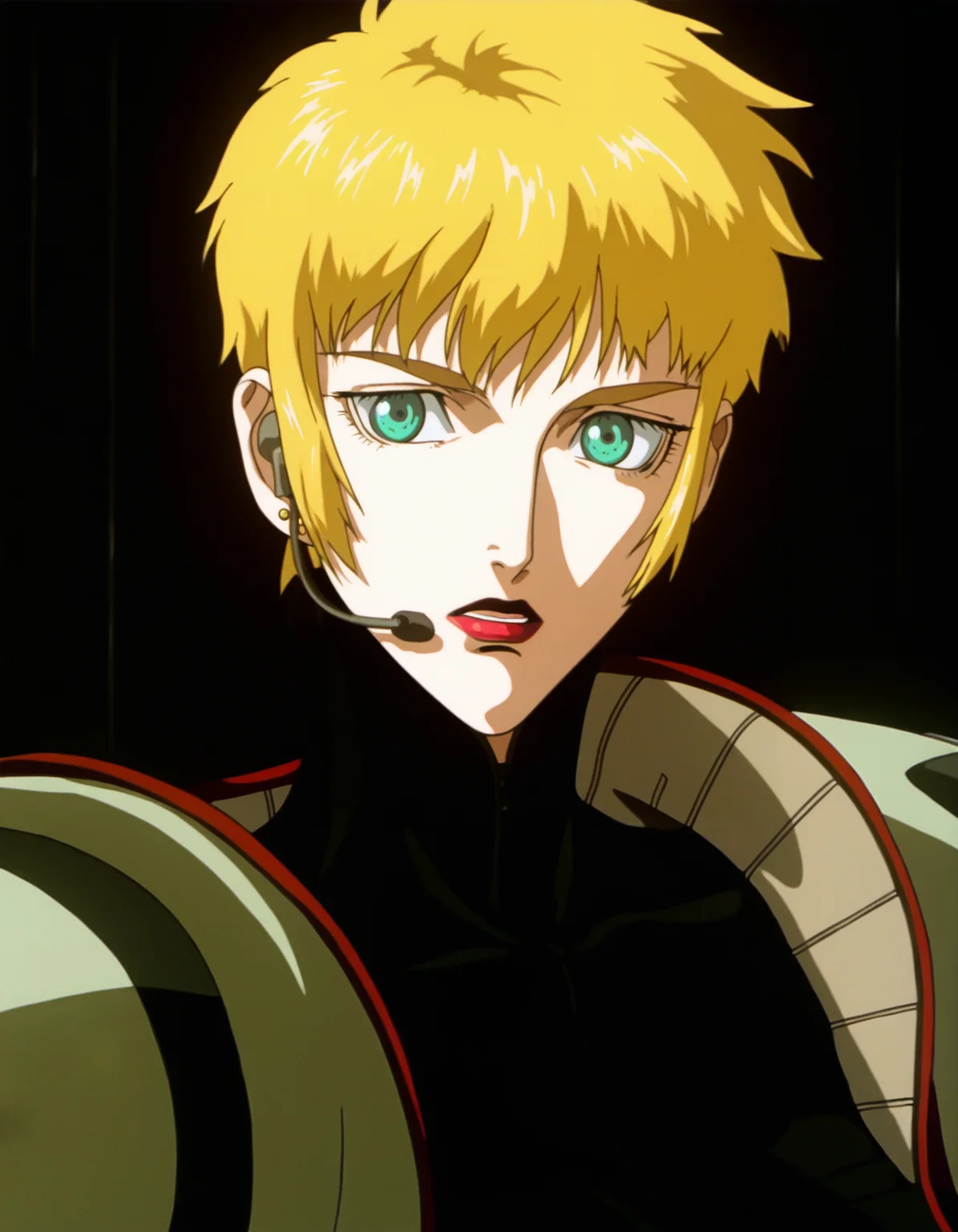 best quality, masterpiece, highly detailed, highres, leila marcus \(vampire hunter d\), 1girl, blonde hair, blue eyes, short hair, jewelry, earrings, armor, lipstick, green eyes, makeup, shoulder armor, bodysuit, headset, microphone,
<lora:Vampire Hunter D Illustrious 0.1-step00000720:0.7>