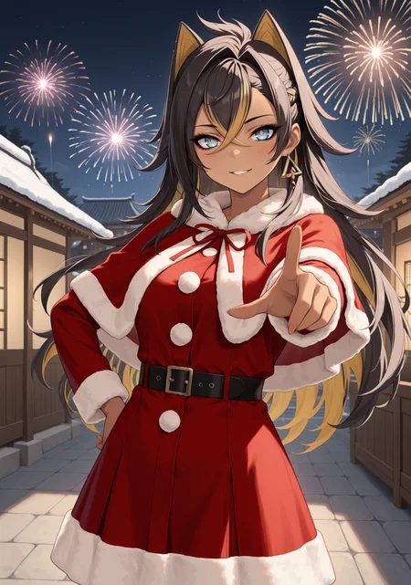 masterpiece, best quality, 1girl, solo, d3hya, dark-skinned female, long hair, streaked hair, black hair, blonde hair, hair between eyes, crossed bangs, hair intakes, winter dress, santa costume, fur-trimmed capelet, fireworks, aerial fireworks, outdoors, pointing, outstretched arm, hand on own hip, blue eyes, yellow pupils, hair ears, pointy hair, night, night sky, east asian architecture, pointing at viewer, foreshortening, index finger raised, looking at viewer, parted lips, smile