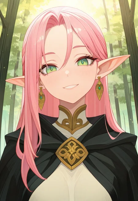 masterpiece, best quality, amazing quality,,<lora:afkArenaIllustrious:1>
afkarenastyle,
1girl, female elf, solo, portrait, female focus, pink hair, green eyes, slim, long hair, light skin, smile, looking at viewer, outdoors, beautiful, black cloak with gold trimming, earrings, green trees