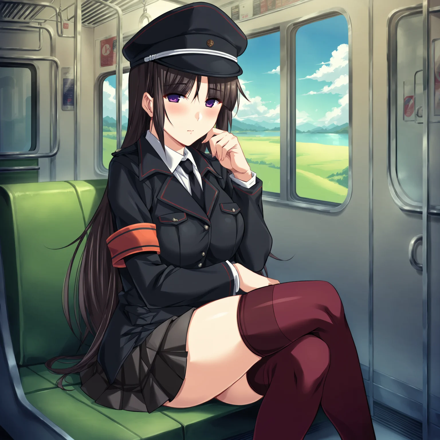 score_9, score_8_up, score_7_up, score_6_up, score_5_up, score_4_up, game cg
BREAK
rin_olis, 1girl, solo, black hair, long hair, purple eyes, peaked cap, black coat, armband, pleated skirt, red thighhighs, looking at viewer, blush, sitting
BREAK
train interior, window, scenery, day, blue sky
<lora:rin_7_ep5_dropout0:1>