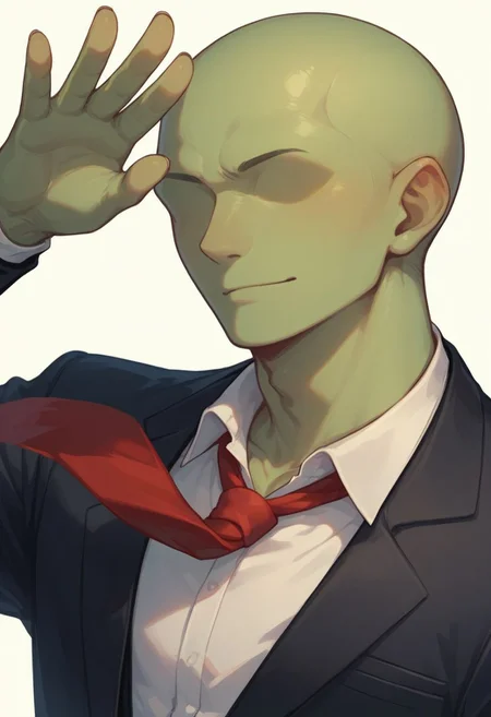 score_9, score_8_up, score_8,
1boy, solo, green skin, no eyes, no eyebrows, bald, black business suit, white under shirt, red tie, black suit pants, average body, cowboy shot, waving, white background