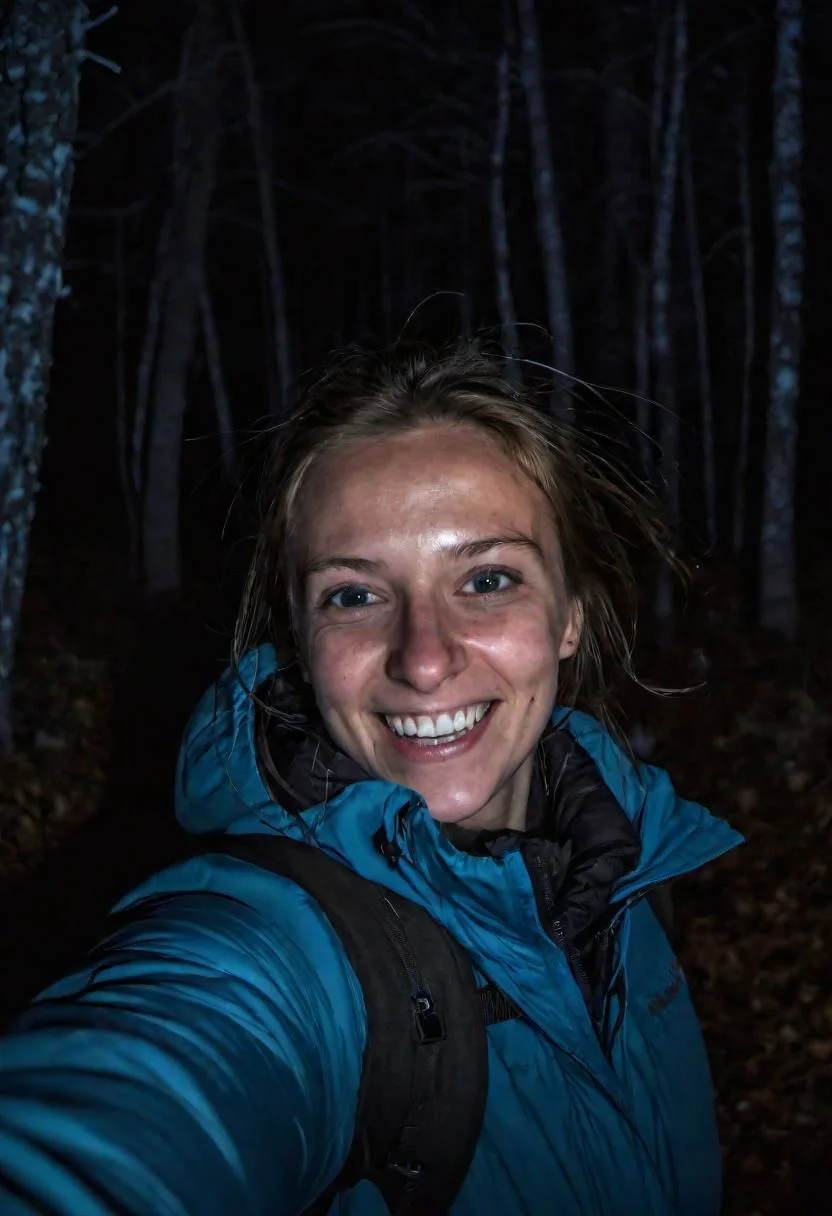 girl at night in the wood, selfie, dressed for trekking, winter, laughing, at night, very dark, infrared photography, without flash, grainy, ((motion blur)), blurry, walking