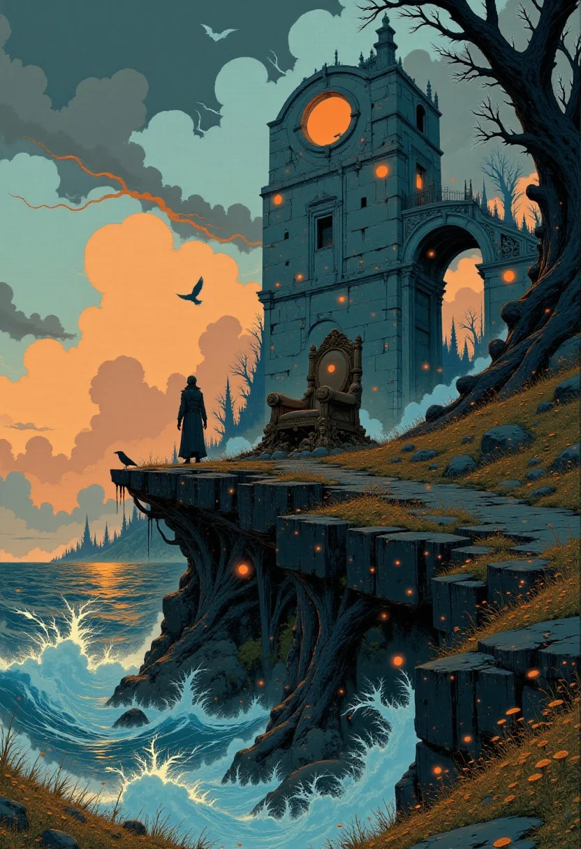 The Ruined Throne of the Morrígan
Atop a desolate windswept cliff, overlooking a raging sea, lies the abandoned throne of the Morrígan, the Celtic goddess of war and fate. The remnants of a once-great stone fortress crumble under the weight of time, its walls cracked and covered in black moss and red creeping vines.
A massive throne of twisted, gnarled roots and ancient bones sits at the heart of the ruin, its surface carved with forgotten ogham symbols glowing faintly in the dark. Crows and ravens perch along the ruined arches, their watchful eyes glowing like embers in the fading twilight.
The sky is an ominous mix of dark storm clouds and blood-red light, casting long shadows over the barren landscape. The wind carries the distant sound of battle cries and lamenting spirits, remnants of an ancient war that was never forgotten. In the distance, a spectral figure cloaked in shadow watches, waiting for the rightful ruler to return.