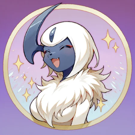 luzede, solo, absol, eyeliner, fbd colors, sparkle, snout, happy, circle frame, border, eyes closed, :d, abstract background, purple background, gradient background, upper body, portrait, large breasts