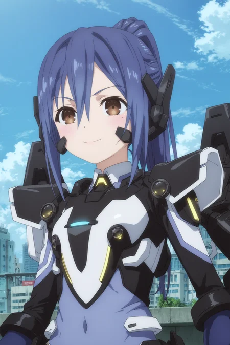 mana takamiya,1girl,solo,long hair,ponytail,mole_under_eye, mole,hair between eyes,hoodie,upper_body,bodysuit,pilot_suit, mecha musume,covered_navel, BREAK smile,standing, BREAK outdoors,blue_sky,city,building