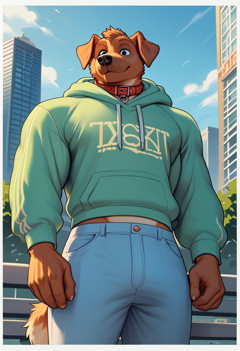 score_9, score_8_up, score_7_up, score_6_up, score_5_up, score_4_up, lower body view, best quality, highly detailed, intricate details, male, happy atmosphere, outdoors, city, extremely detailed, smooth body, smooth lines, style art, solo, 1furry, 1boy, dog collar, hoodie, two toned fur, anthro, pants, 1boy, midriff peek, muscular, hyper muscular