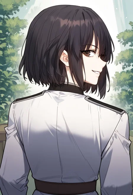 zPDXL3, score_9_up, score_8_up, score_7_up, (Anime_source), 1girl, MarthaZieghardt, brown eyes, black hair, short hair, military clothes, (looking back), upper body, looking at viewer, smile