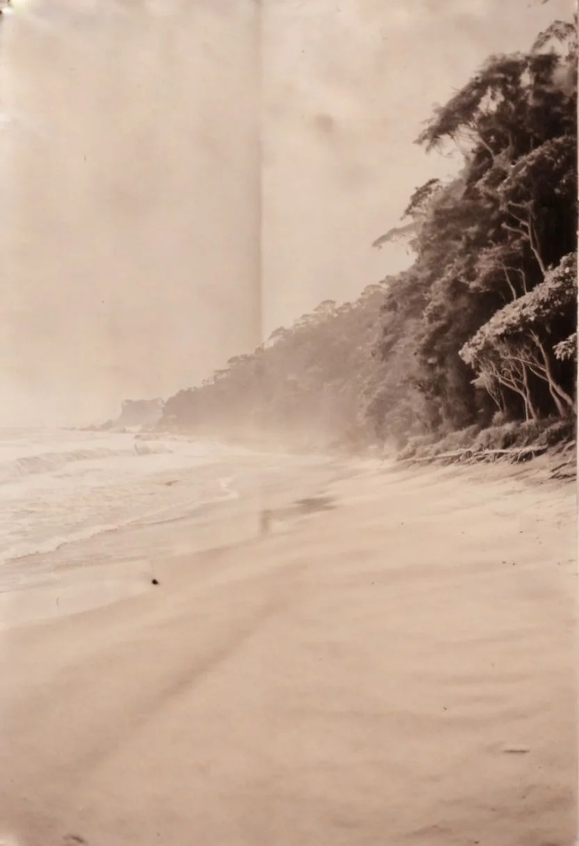 lith_agfabrovira_BH21, instagram photo, a foggy beach in sri lanka, hard shadows, film grain