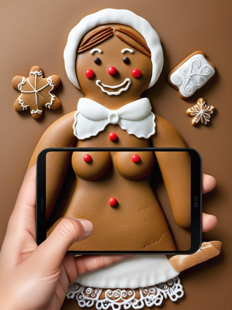 majikfone, a gingerbread woman, icing clothes, smart phone photo, majikfone <lora:majikfone_xl:1.1>