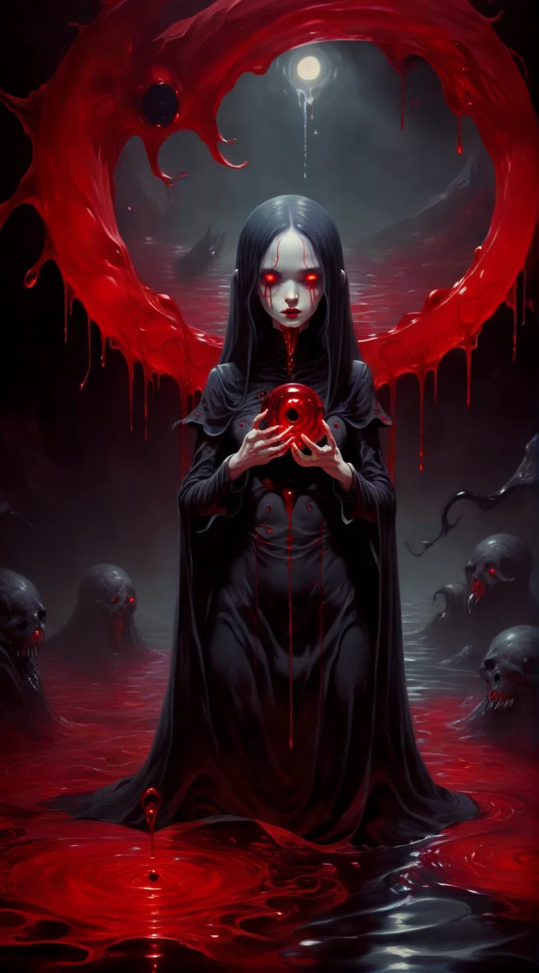 abycrimviso absurda In the depths of the scarlet, a dark and mysterious world unfolds, where a surreal death girl with eyes of liquid gold wanders, lost in the scarlet's enigmatic dreamscape surrealistic <lora:abycrimviso:1> <lora:absurda:1>