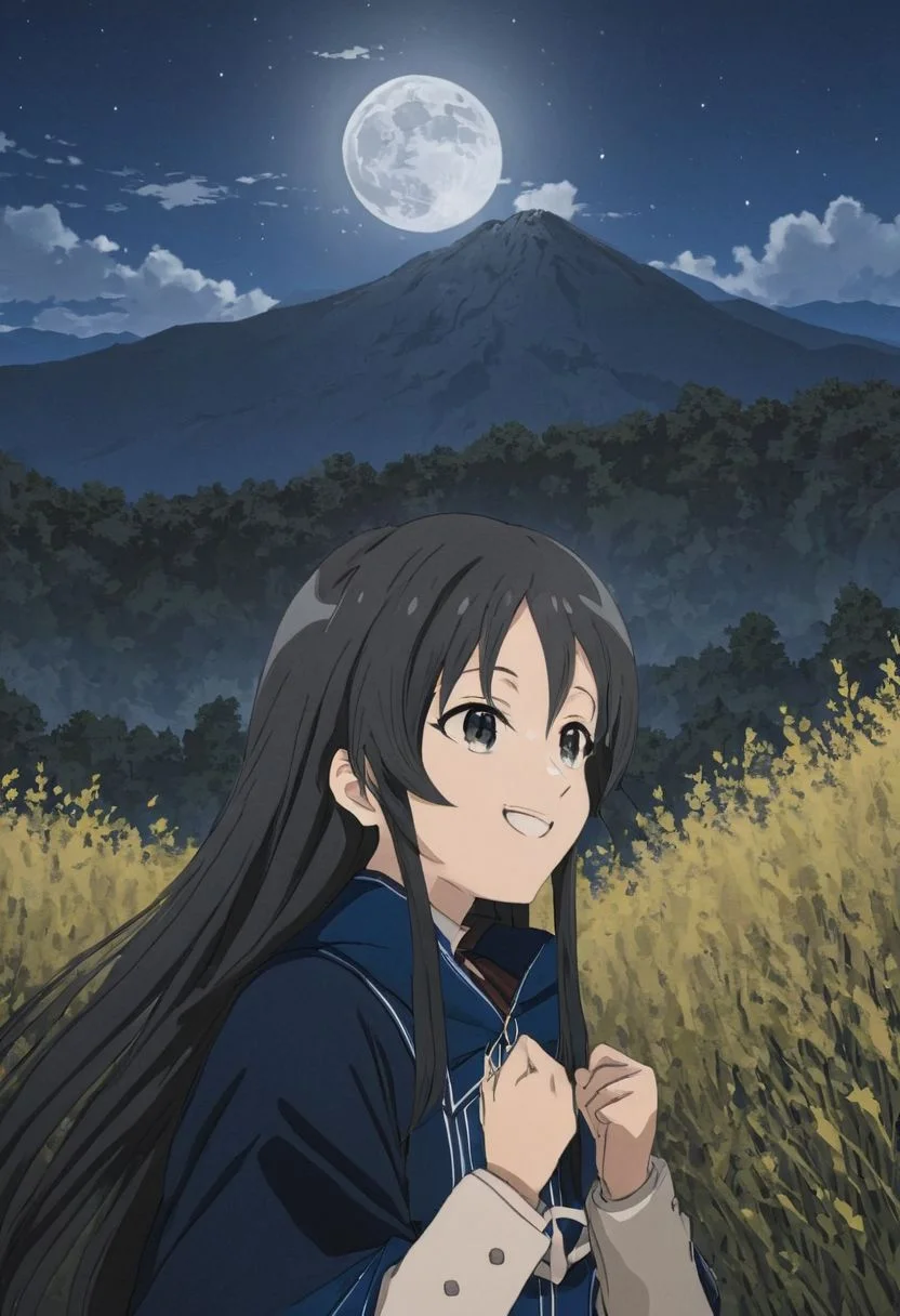 nanahoshi_shizuka, smiling, mountain scenery, nighttime, fireflies, full moon