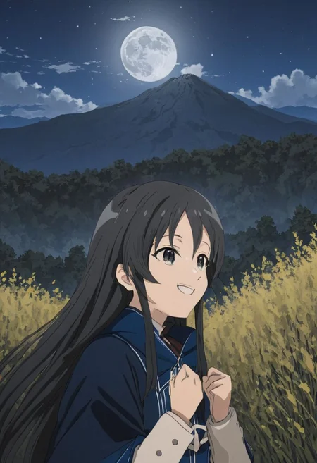 nanahoshi_shizuka, smiling, mountain scenery, nighttime, fireflies, full moon