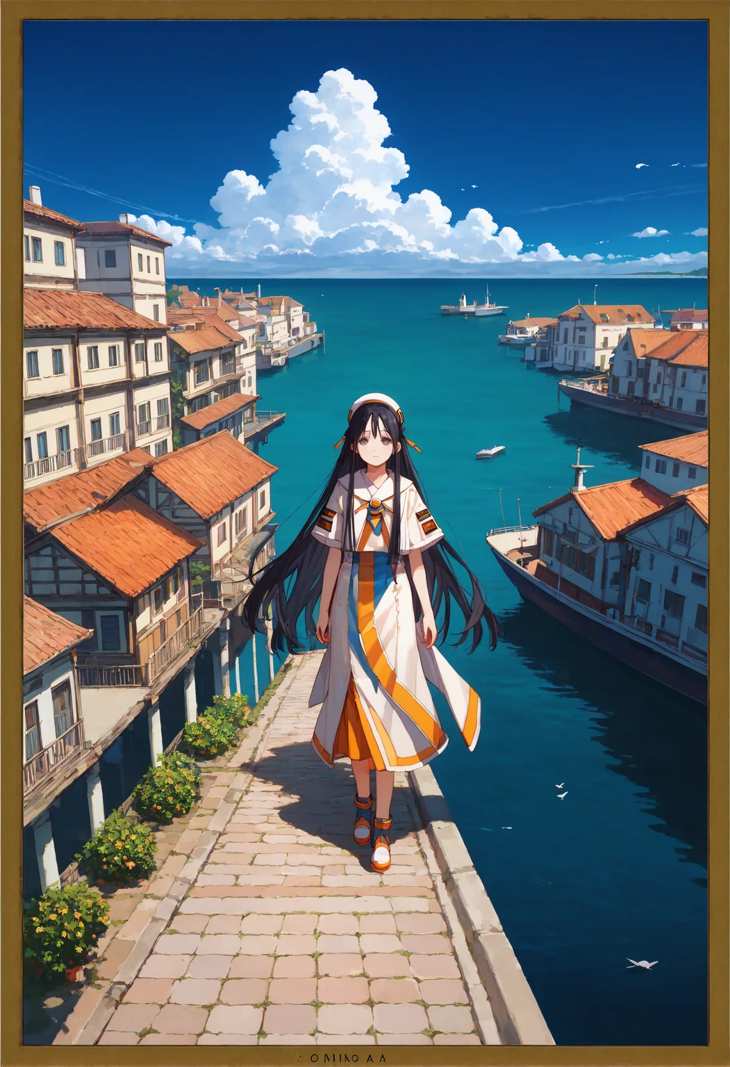 score_9, score_8_up, score_7_up, masterpiece, best quality, very aesthetic, absurdres,
<lora:Amano_Kozue_天éããã_Style_Pony-000010:0.8> (amano_kozue:1.2), aria \(manga\),
1girl, solo, black hair, long hair, clear eyes, from front,
blue sky, ocean, port town,