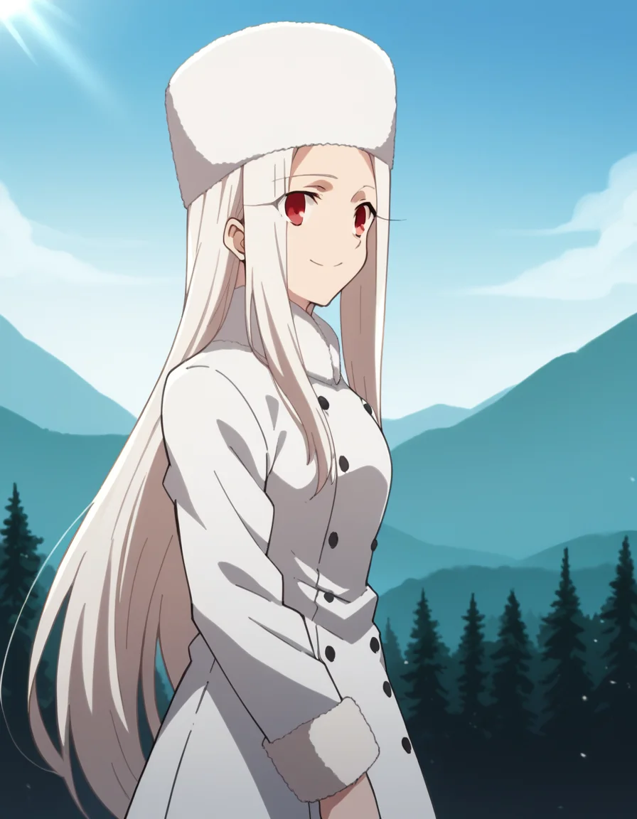 score_9, score_8_up, score_7_up, source_anime, <lora:irisviel-von-einzbern-zero-anime-ponyxl-lora-nochekaiser:1>, irisviel von einzbern, long hair, red eyes, white hair, parted bangs, hair intakes,, hat, coat, fur trim, white headwear, white coat, winter clothes, fur hat, winter coat,, Outdoors, nature, scenery, open space, sunlight, smile, from side, looking at viewer, solo,, dutch angle, cowboy shot