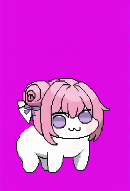 masterpiece, best quality, solo, looking at viewer, <lora:Dengeki_Bunko-illus_Fp:1>, full body, pixel art, simple background, <lora:doro_xypher_ixl_v1:1>, doro, :3, chibi, no pupils, solid circle eyes, full body, white skin, all fours, dorothy \(nikke\), pink hair, purple eyes, single side bun, hair bow, purple ribbon